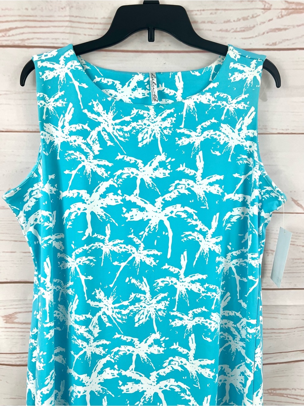 Lulu B UPF 50 Cooling Turquoise Aqua Palm Tree Print Sleeveless Shift Dress - Picture 3 of 8